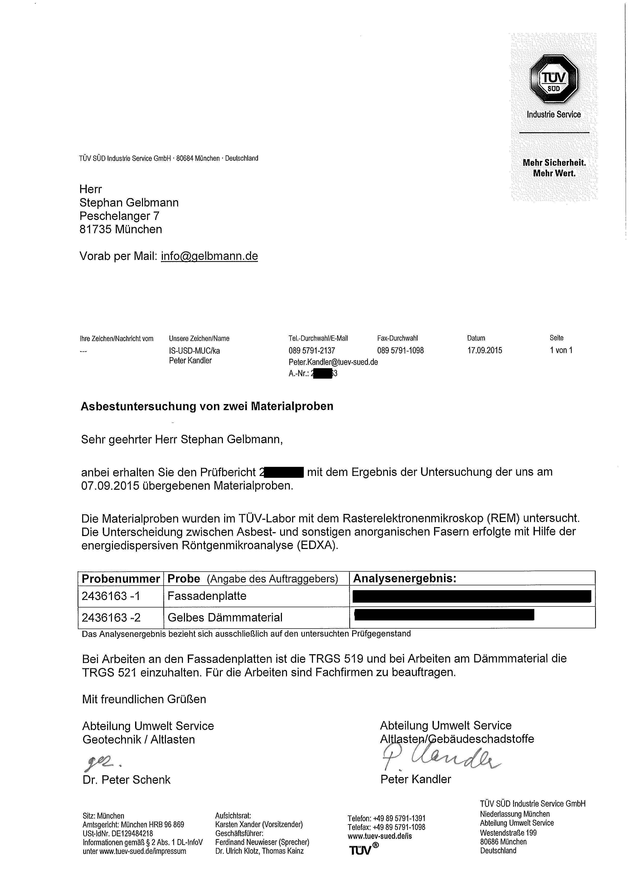 TÜV-Gutachten zu Asbetpaltten und Dämmmaterial